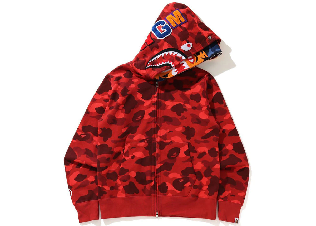 BAPE Color Camo Tiger Shark Wide Full Zip Double Hoodie Red
