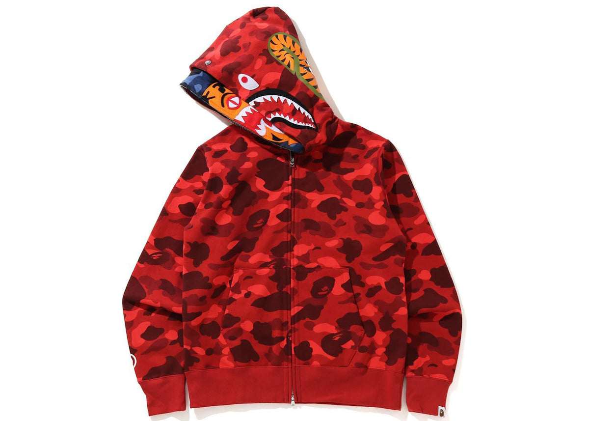 BAPE Color Camo Tiger Shark Wide Full Zip Double Hoodie Red